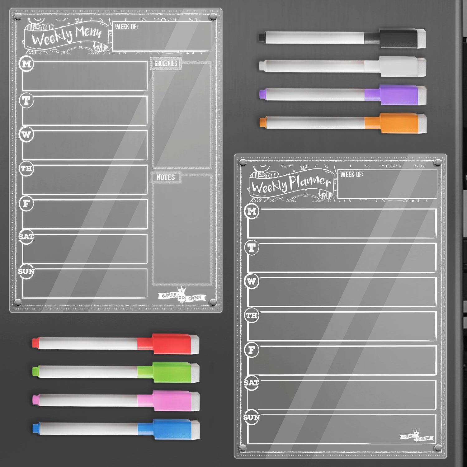 Acrylic Magnetic Weekly Planner for Fridge + Menu Board for Kitchen with 8 Magnetic Markers