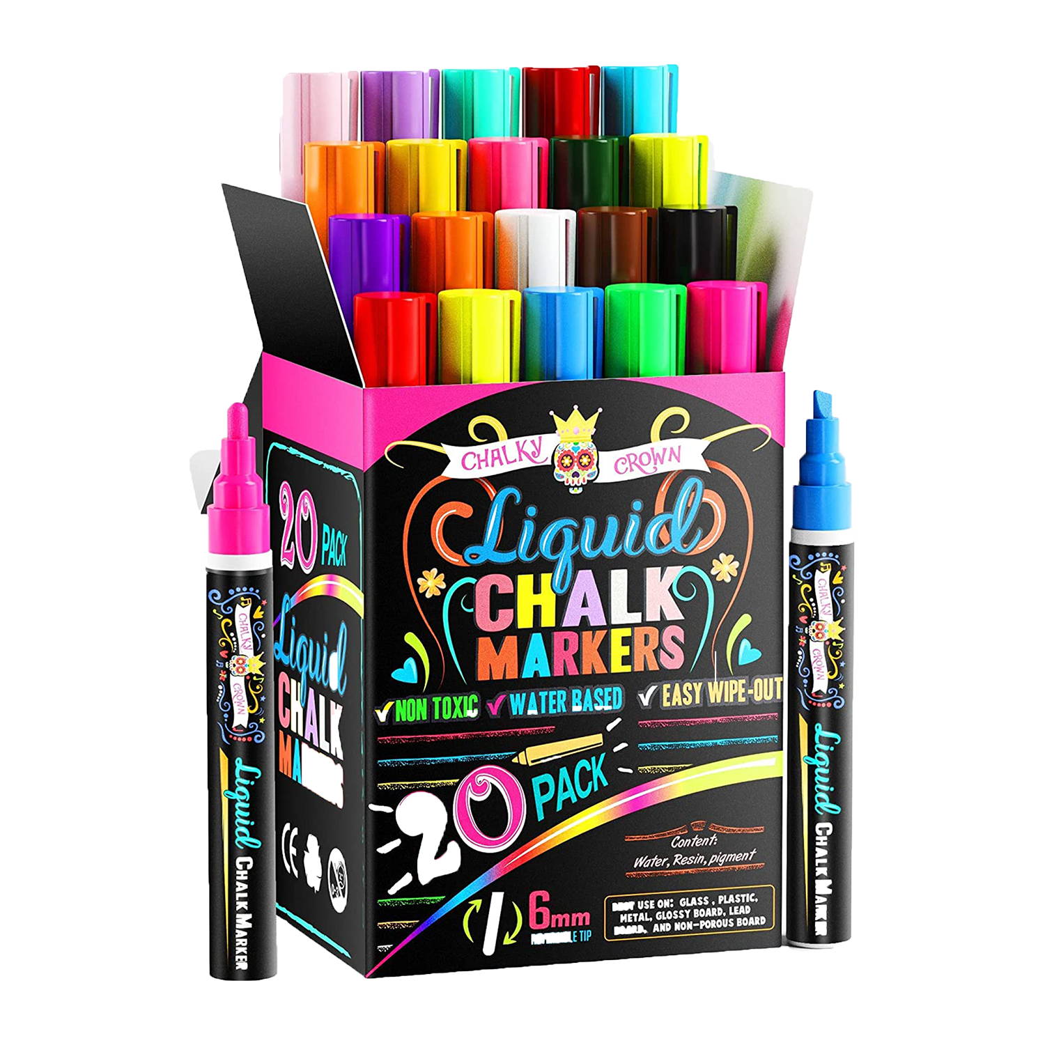 Liquid Chalk Marker, Neon Markers, Chalk Pen, Wet Erase Markers, 6mm  Reversible Chisel Tip, 8 Pack Marker Set 