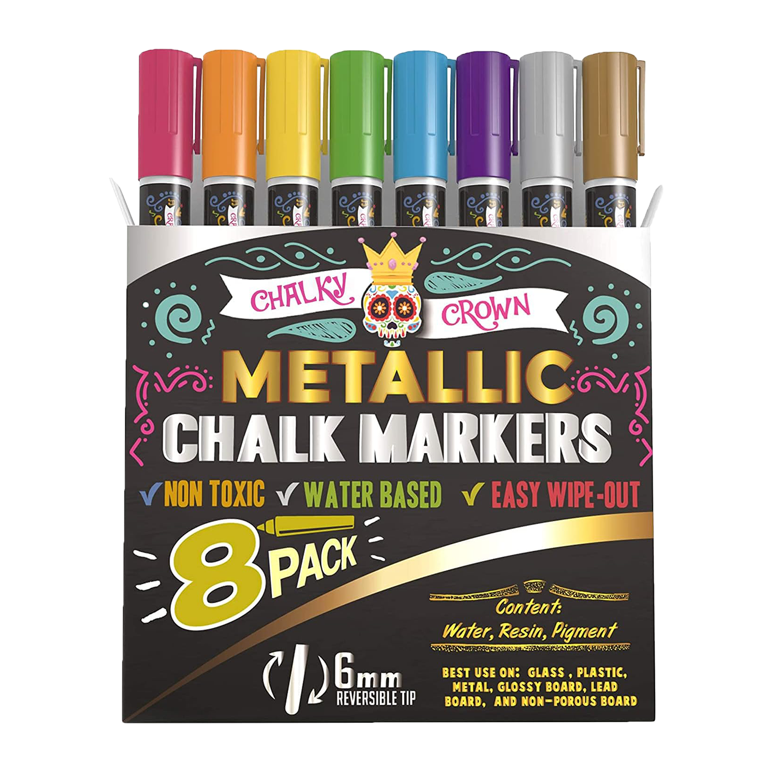 Chalky Crown - Liquid Chalk Markers - Erasable Chalk Markers with  Reversible Tip - Bold Multicolor, 6mm, 20 Pack