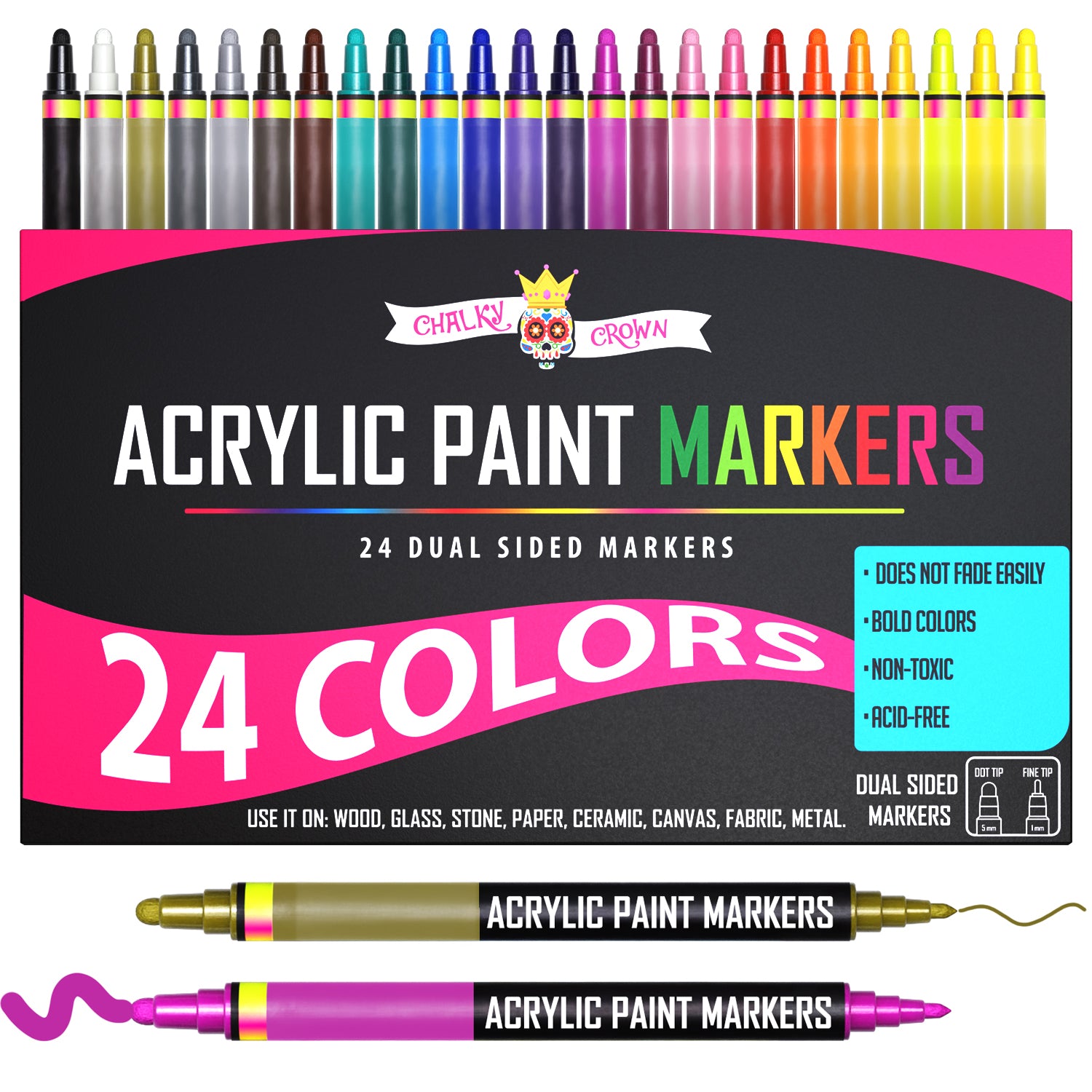 Acrylic Paint Markers Dual Tip (24 Pack)