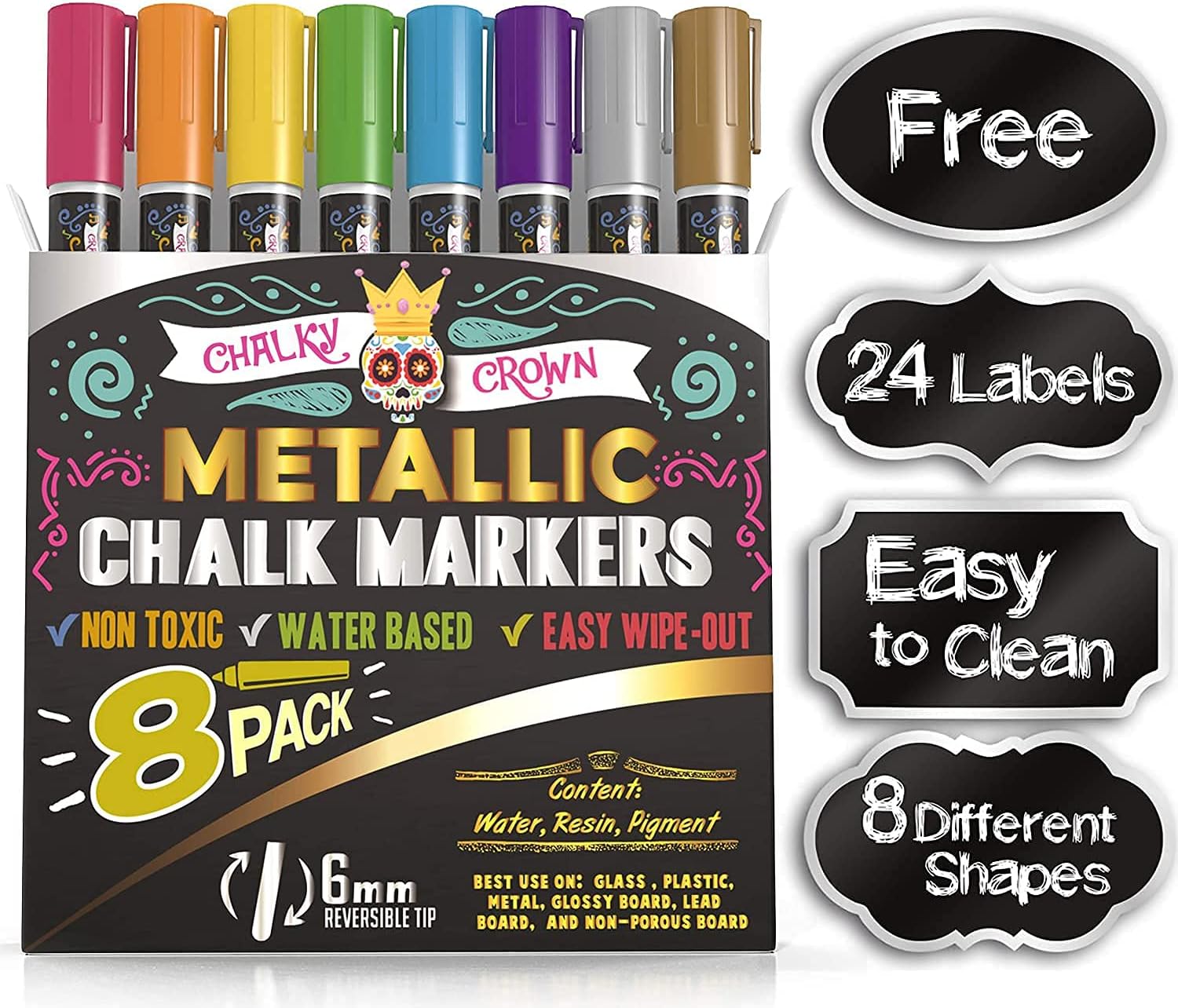  Liquid Chalk Markers Set of 8 Metallic Colors - 3mm Fine Tip  Chalkboard Markers with 24 Chalk Stickers - Erasable Pen with Reversible  Tip for Mason Jars, Windows, Glass, Labels, Whiteboards : Office Products