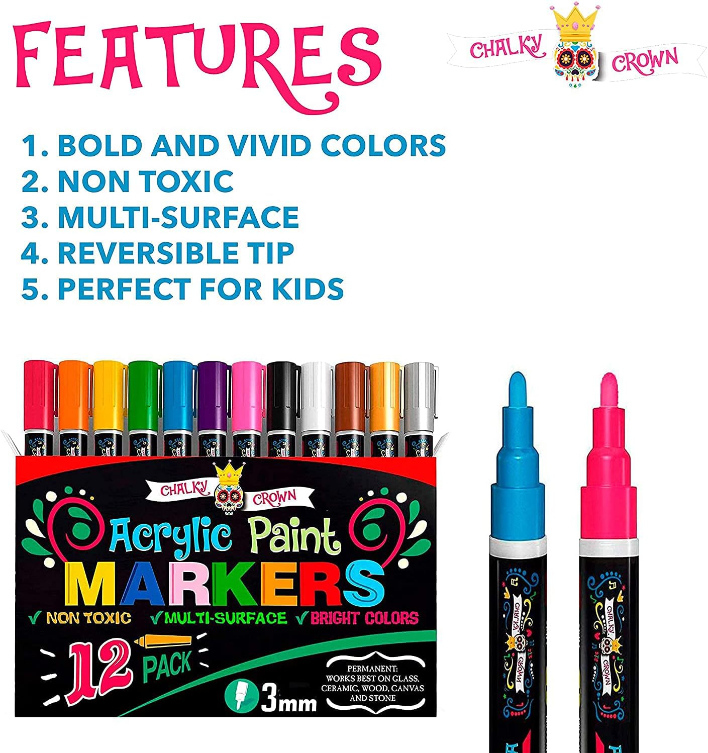 Acrylic Paint Markers 3mm (12 Pack)