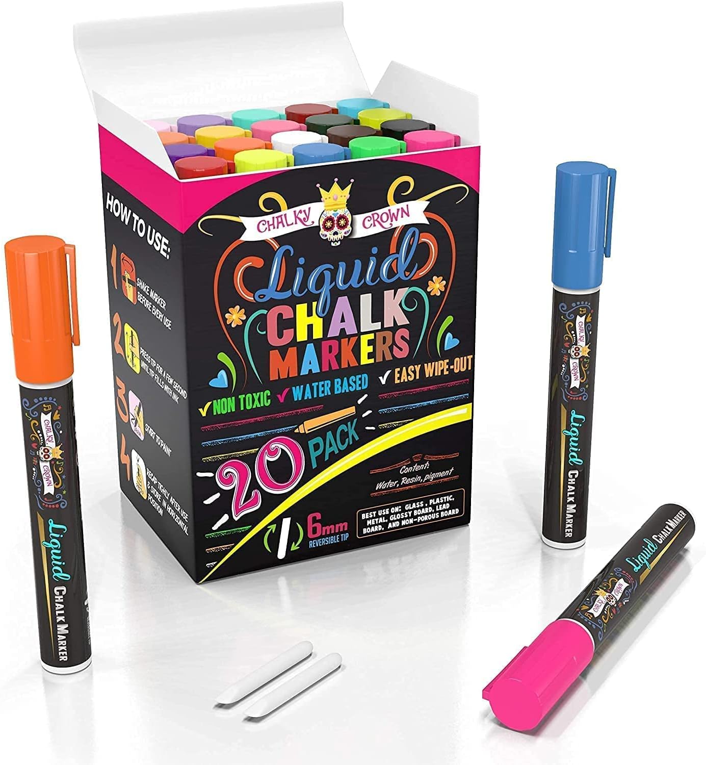 Liquid Chalk Markers For Dry Erase Boards Bold 6Mm Vibrant Color, Dry Erase Marker  Pens Reversible