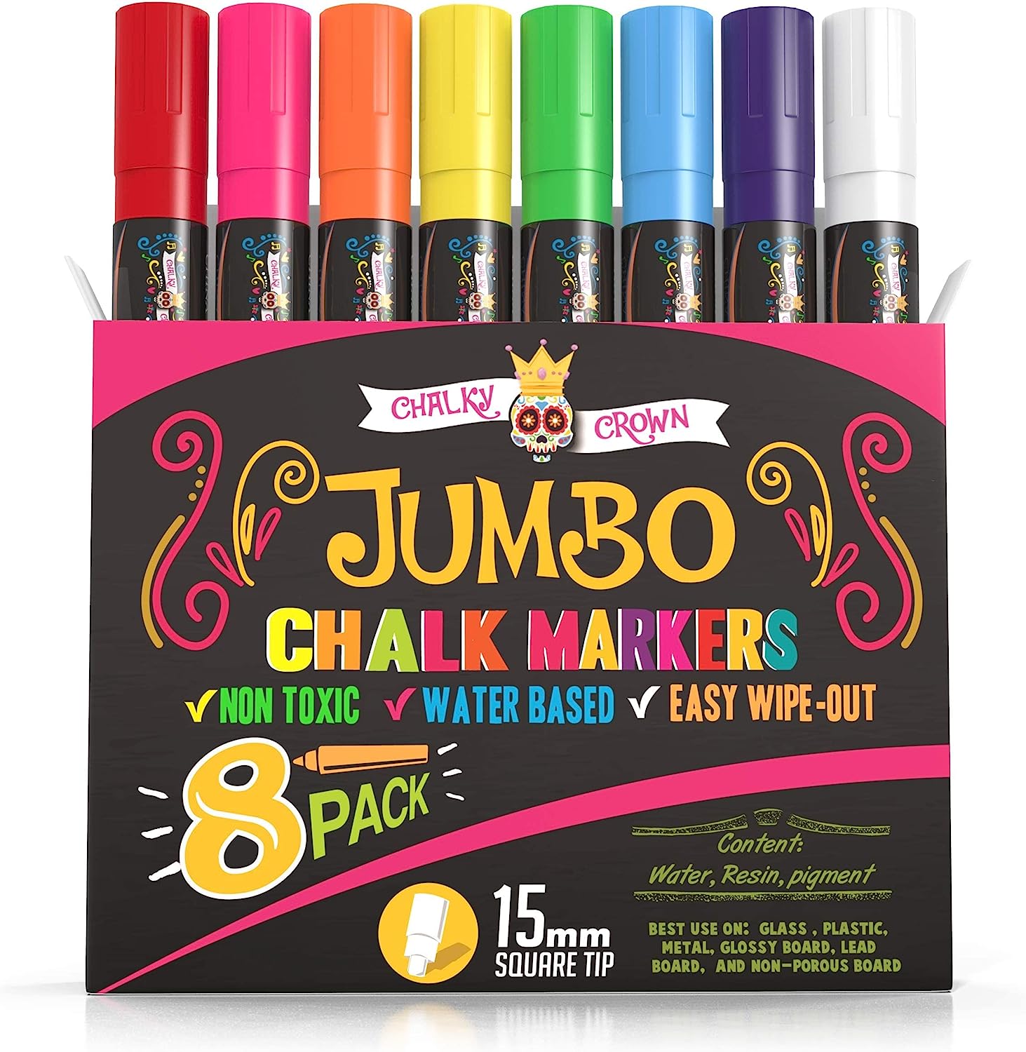 Metallic Chalk Markers (2 Pack) Liquid Chalk Pens for Blackboards, Chalkboard, Bistro Menu, Window Markers for Cars - Wet Wipe Erasable - 15mm Jumbo