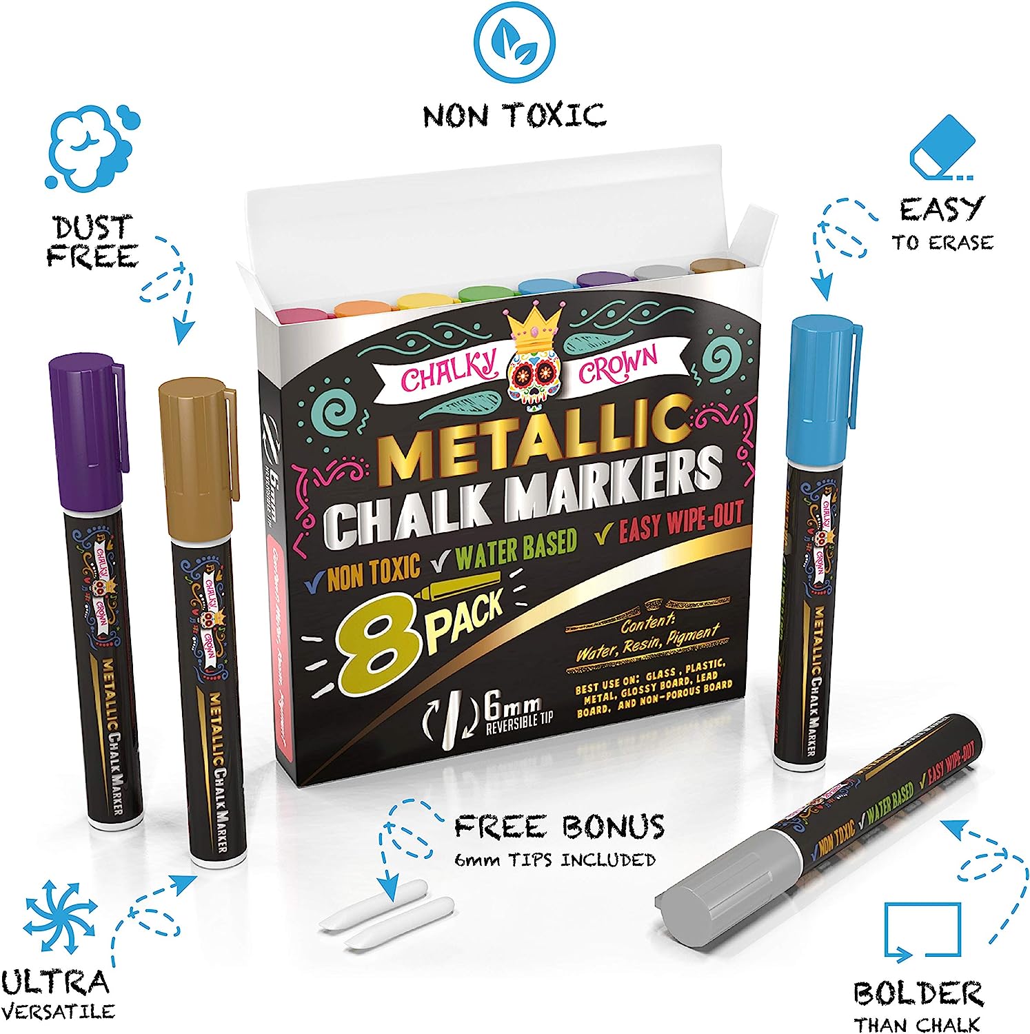 Metallic Liquid Chalk Markers Reversible Tip (8 Pack)