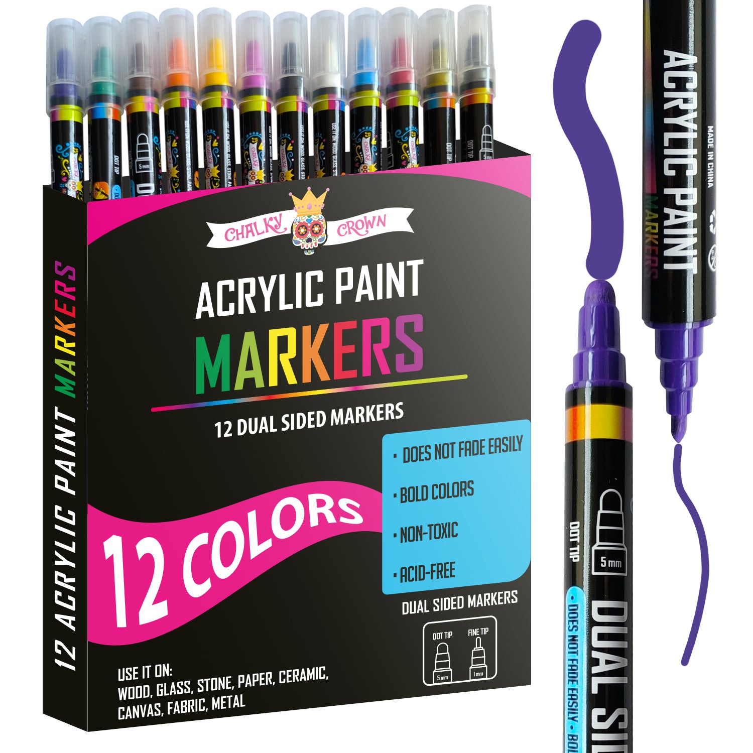 Acrylic Paint Markers Dual Tip 12 Pack