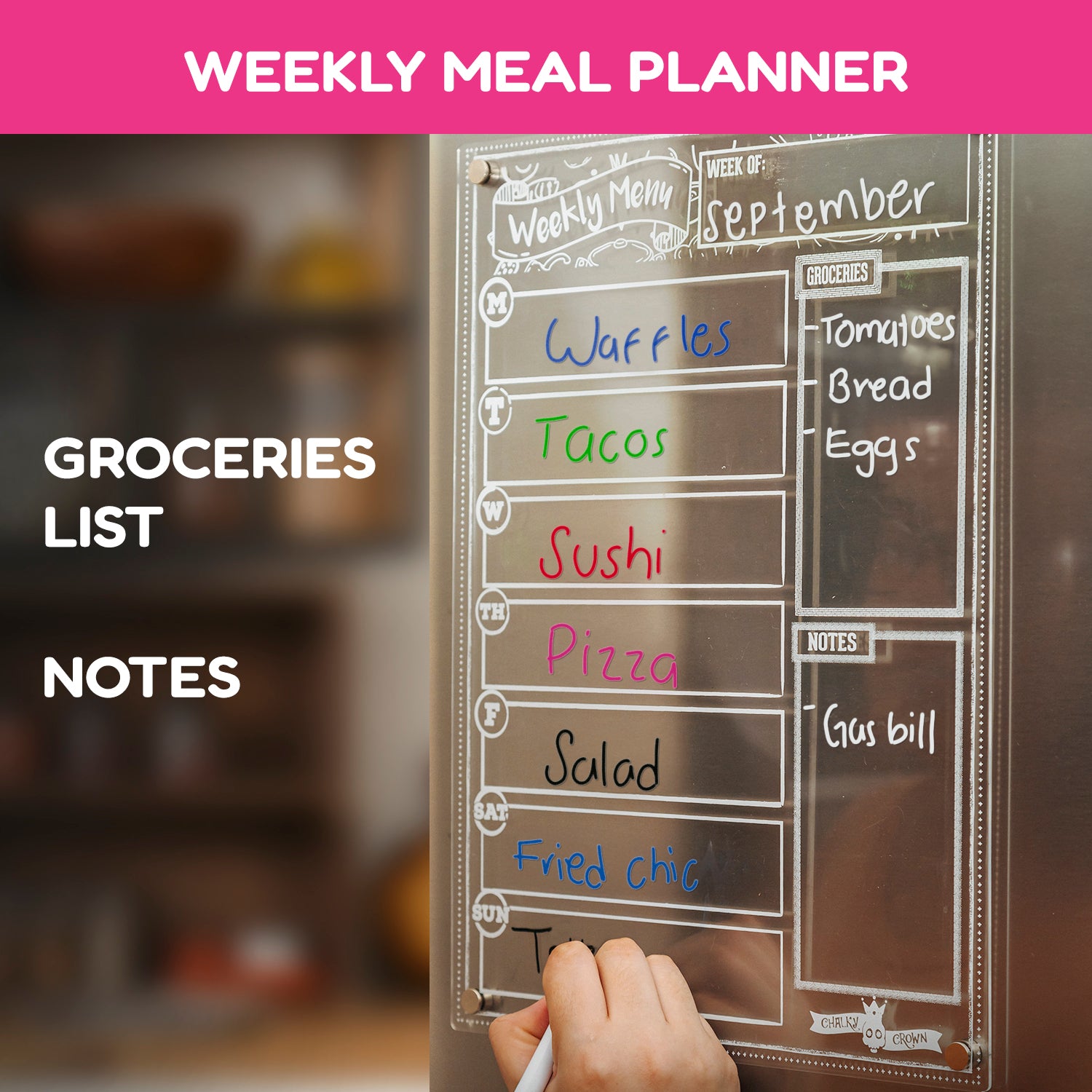 Acrylic Magnetic Weekly Planner for Fridge + Menu Board for Kitchen with 8 Magnetic Markers