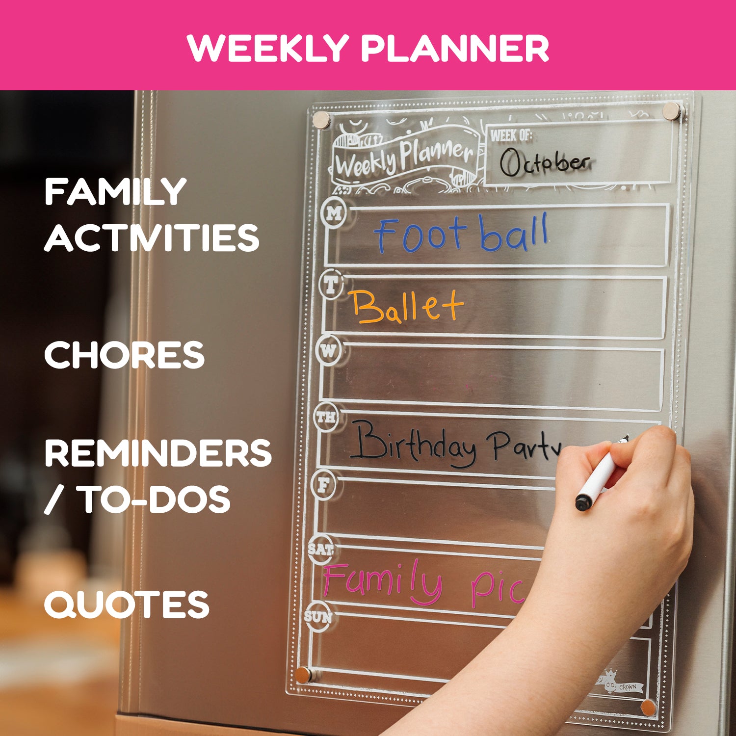 Acrylic Magnetic Weekly Planner for Fridge + Menu Board for Kitchen with 8 Magnetic Markers