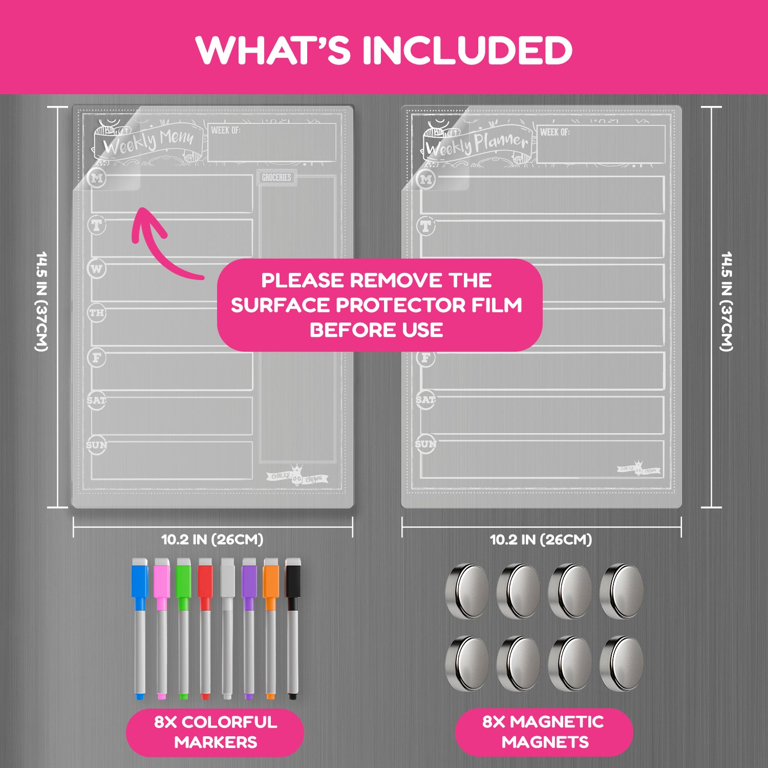 Acrylic Magnetic Weekly Planner for Fridge + Menu Board for Kitchen with 8 Magnetic Markers