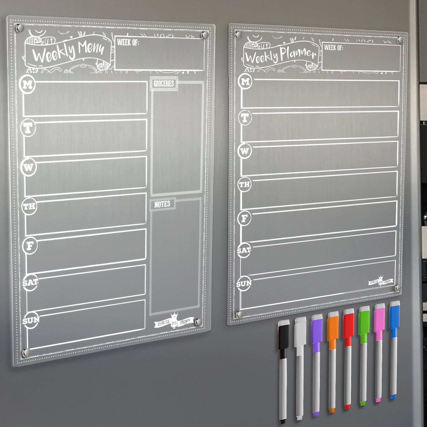 Acrylic Magnetic Weekly Planner for Fridge + Menu Board for Kitchen with 8 Magnetic Markers