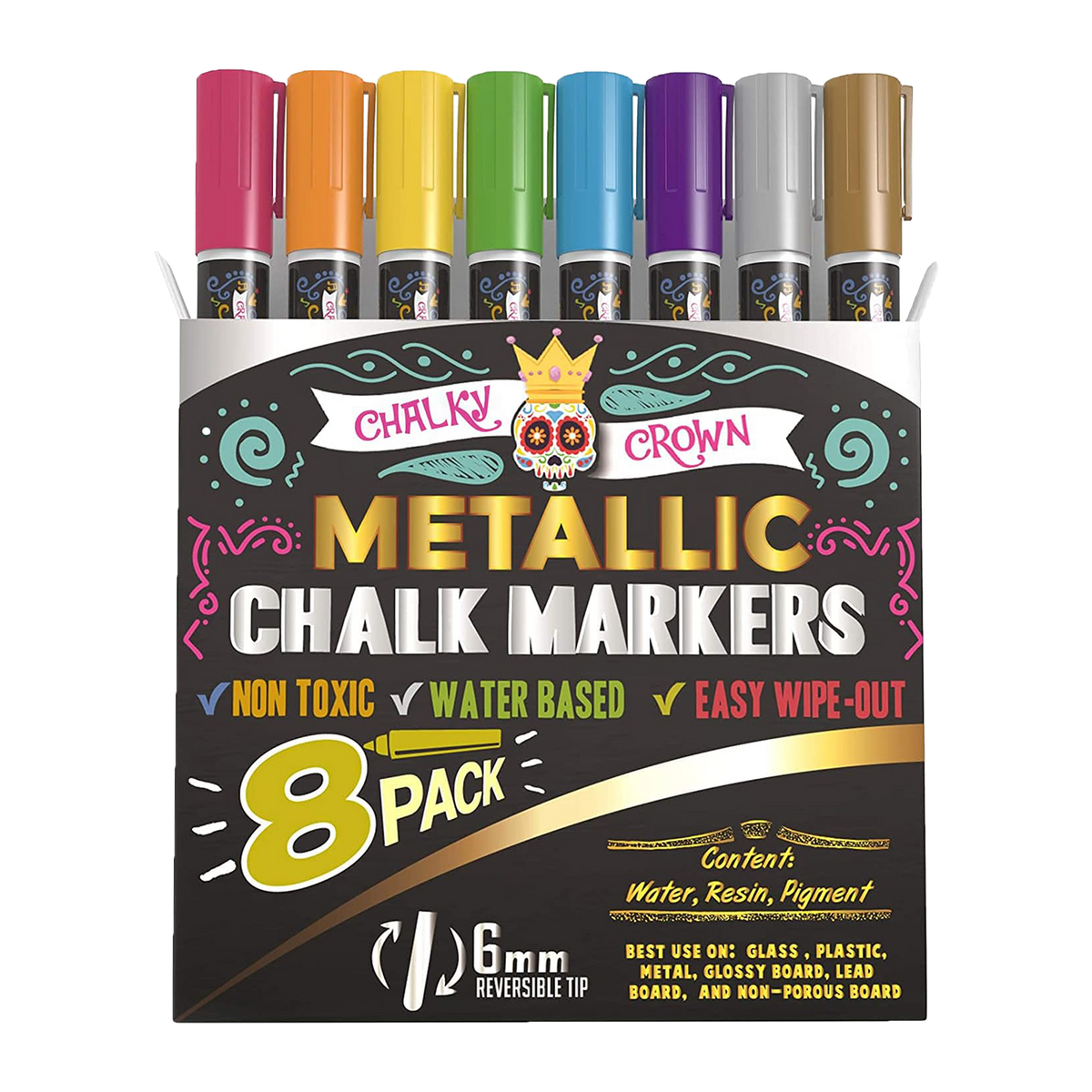 Metallic Chalk Markers (10 Pack) Liquid Chalk Pens - For Blackboards,  Chalkboard, Bistro Menu, Window - Wet Wipe Erasable - 6mm Reversible Bullet  